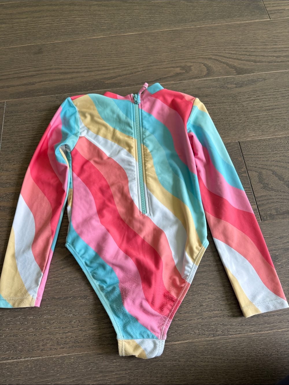 Kids Long-Sleeve Rainbow Stripe Rash Guard Swimsuit - Pink, Blue & Yellow - Picture 2 of 3